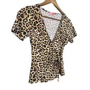 Y2K Animal Leopard Print Faux‎ Wrap Pullover Stretch Top S V Neck